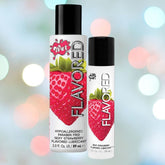 Two bottles of Wet "Sexy Strawberry" Flavored Lubricant 🍓 with eye-catching labels and delightful strawberry illustrations stand out against a softly blurred background of light blues and whites. The larger bottle holds 89 mL, while the smaller one is 30 mL, making them silicone-safe favorites.